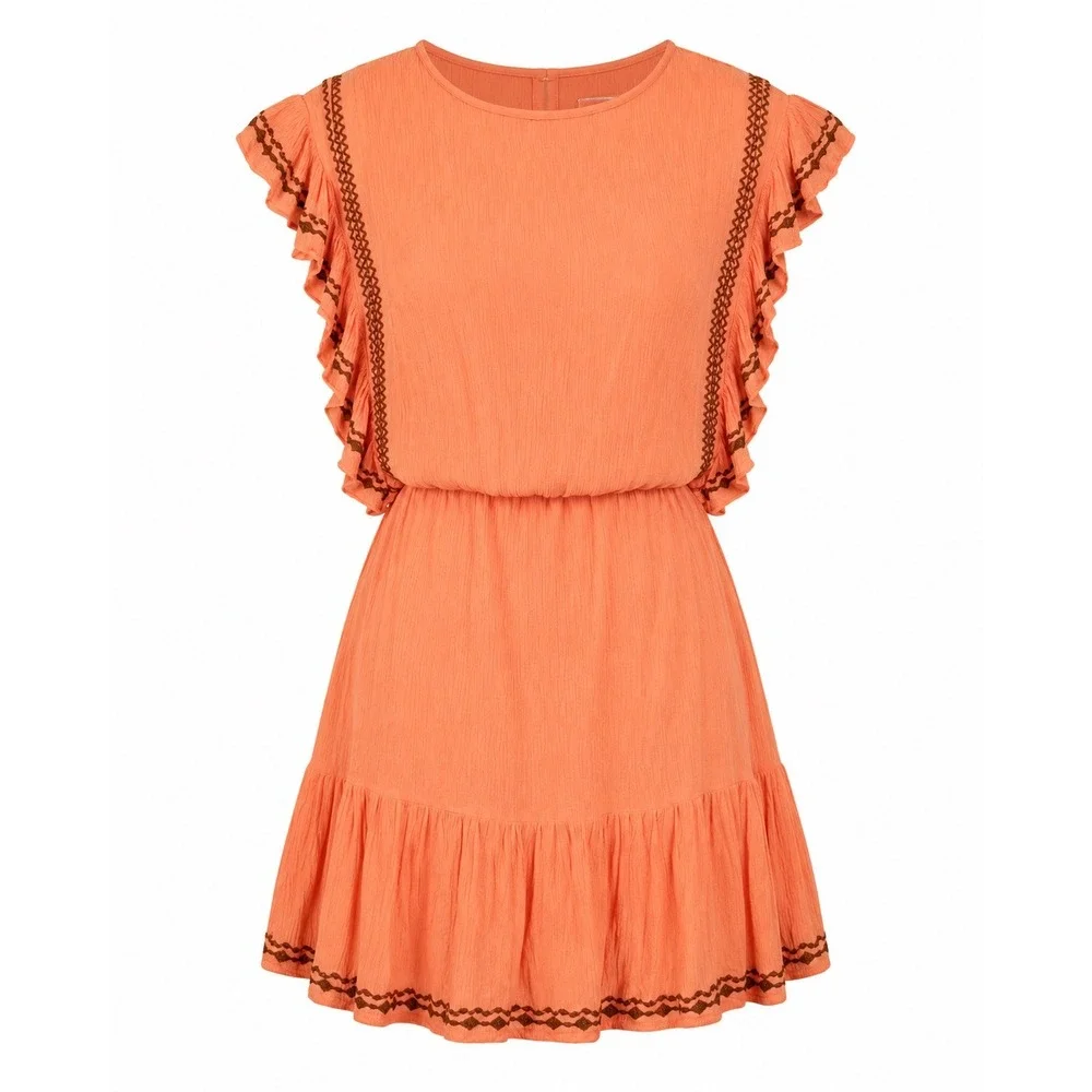 Free People Coral Orange Embroidered Ruffle Gauze Mini Dress Boho Western Sz S